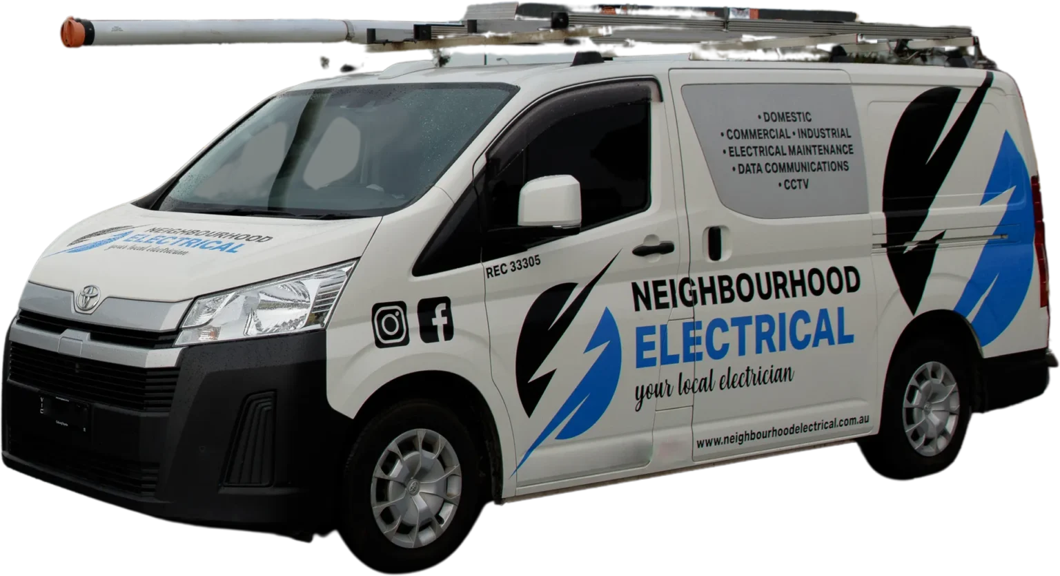 Neighborhood Electrical company van with contact details.
